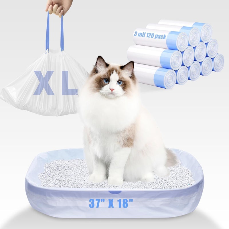 Frnoip 120 Pack Jumbo Cat Litter Bags-3MIL Extra Thick Leakproof Litter Box Liners, 37"x18" Heavy Duty Drawstring Cat Litter Liners for Automatic Litter Box, Odor Control Disposable Kitty Litter Bags 12 Roll - Image 1